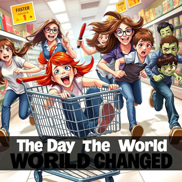 A vibrant and chaotic scene showcasing a ginger girl with striking red hair and brown eyes, sitting gleefully in a shopping cart while both she and the brunette girl with glasses who is pushing the cart are screaming in excitement