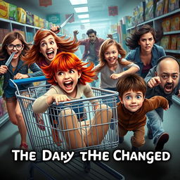 A vibrant and chaotic scene showcasing a ginger girl with striking red hair and brown eyes, sitting gleefully in a shopping cart while both she and the brunette girl with glasses who is pushing the cart are screaming in excitement