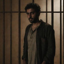 A middle eastern man looking desolated and isolated, standing behind old rusted iron bars in a dimly lit room, conveying an atmosphere of captivity and despair.