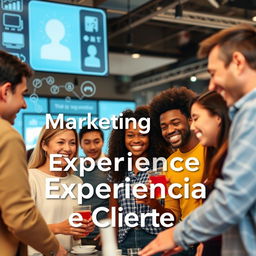 Una portada cautivadora para un artículo sobre marketing de experiencia de cliente, que presenta a un grupo diverso de clientes felices interactuando con un producto en un entorno vibrante y acogedor