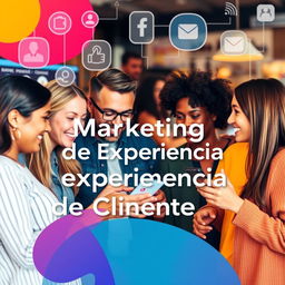 Una portada cautivadora para un artículo sobre marketing de experiencia de cliente, que presenta a un grupo diverso de clientes felices interactuando con un producto en un entorno vibrante y acogedor