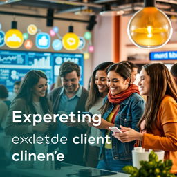 Una portada cautivadora para un artículo sobre marketing de experiencia de cliente, que presenta a un grupo diverso de clientes felices interactuando con un producto en un entorno vibrante y acogedor