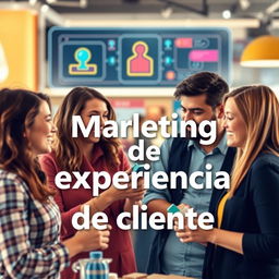 Una portada cautivadora para un artículo sobre marketing de experiencia de cliente, que presenta a un grupo diverso de clientes felices interactuando con un producto en un entorno vibrante y acogedor