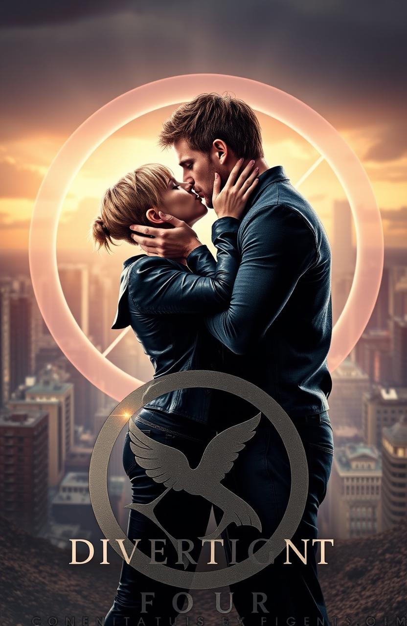 A romantic scene of Tris and Four from the Divergent series, set in a dramatic backdrop