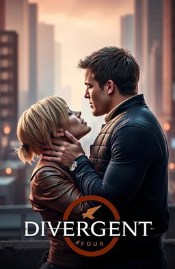 A romantic scene of Tris and Four from the Divergent series, set in a dramatic backdrop