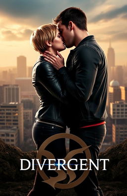 A romantic scene of Tris and Four from the Divergent series, set in a dramatic backdrop