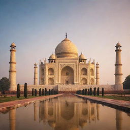 Iconic Taj Mahal in the light of a glowing sunset, reflecting off of serene, surrounding waters