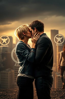 A romantic scene of Tris and Four from the Divergent series, set in a dramatic backdrop