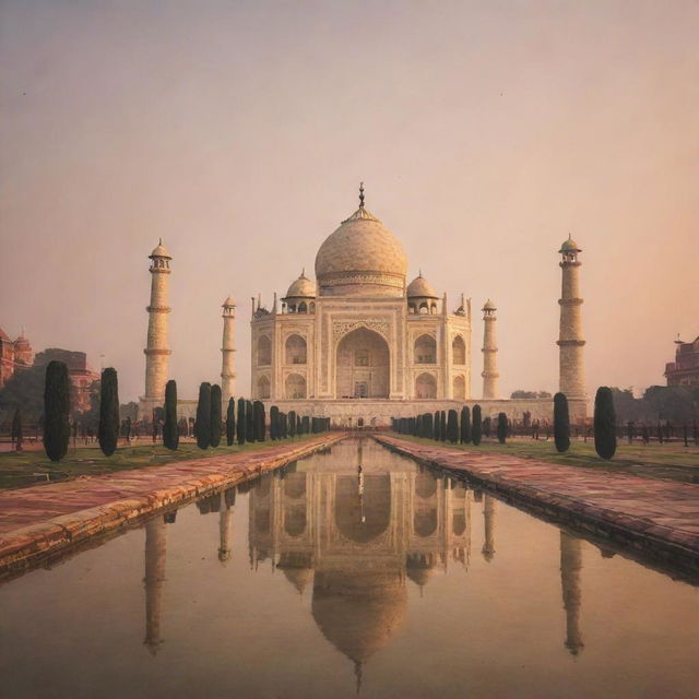 Iconic Taj Mahal in the light of a glowing sunset, reflecting off of serene, surrounding waters