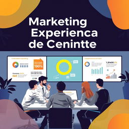 Imagen representativa del marketing de experiencia de cliente, mostrando un entorno dinámico donde un equipo de marketing colabora para crear estrategias centradas en el cliente