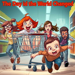 An exciting and whimsical scene featuring a ginger girl with bright red hair and brown eyes joyfully sitting in a shopping cart, her expression full of thrill as she screams