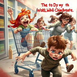 An exciting and whimsical scene featuring a ginger girl with bright red hair and brown eyes joyfully sitting in a shopping cart, her expression full of thrill as she screams