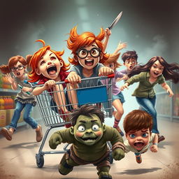 An exciting and whimsical scene featuring a ginger girl with bright red hair and brown eyes joyfully sitting in a shopping cart, her expression full of thrill as she screams