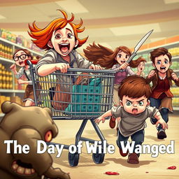 An exciting and whimsical scene featuring a ginger girl with bright red hair and brown eyes joyfully sitting in a shopping cart, her expression full of thrill as she screams