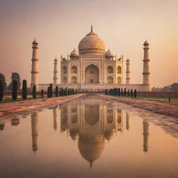 Iconic Taj Mahal in the light of a glowing sunset, reflecting off of serene, surrounding waters