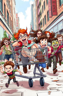 A chaotic and humorous scene in an urban setting featuring a ginger girl with vibrant red hair and brown eyes, sitting in a large shopping cart, her face expressing exhilaration as she screams joyfully