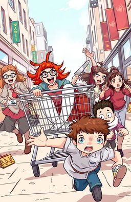 A chaotic and humorous scene in an urban setting featuring a ginger girl with vibrant red hair and brown eyes, sitting in a large shopping cart, her face expressing exhilaration as she screams joyfully