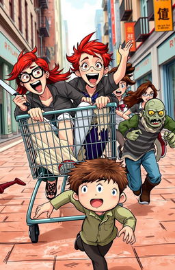 A chaotic and humorous scene in an urban setting featuring a ginger girl with vibrant red hair and brown eyes, sitting in a large shopping cart, her face expressing exhilaration as she screams joyfully