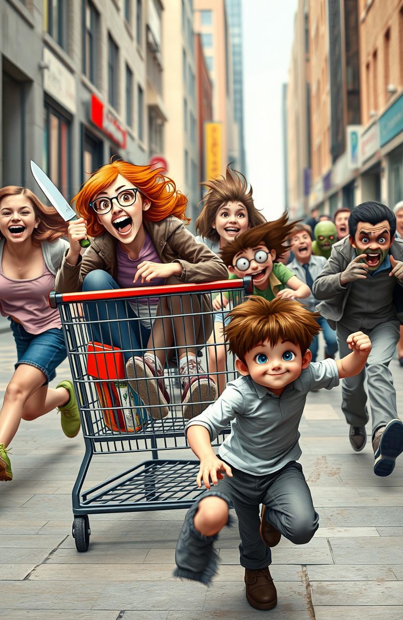 A chaotic and humorous scene in an urban setting featuring a ginger girl with vibrant red hair and brown eyes, sitting in a large shopping cart, her face expressing exhilaration as she screams joyfully