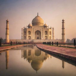 Iconic Taj Mahal in the light of a glowing sunset, reflecting off of serene, surrounding waters