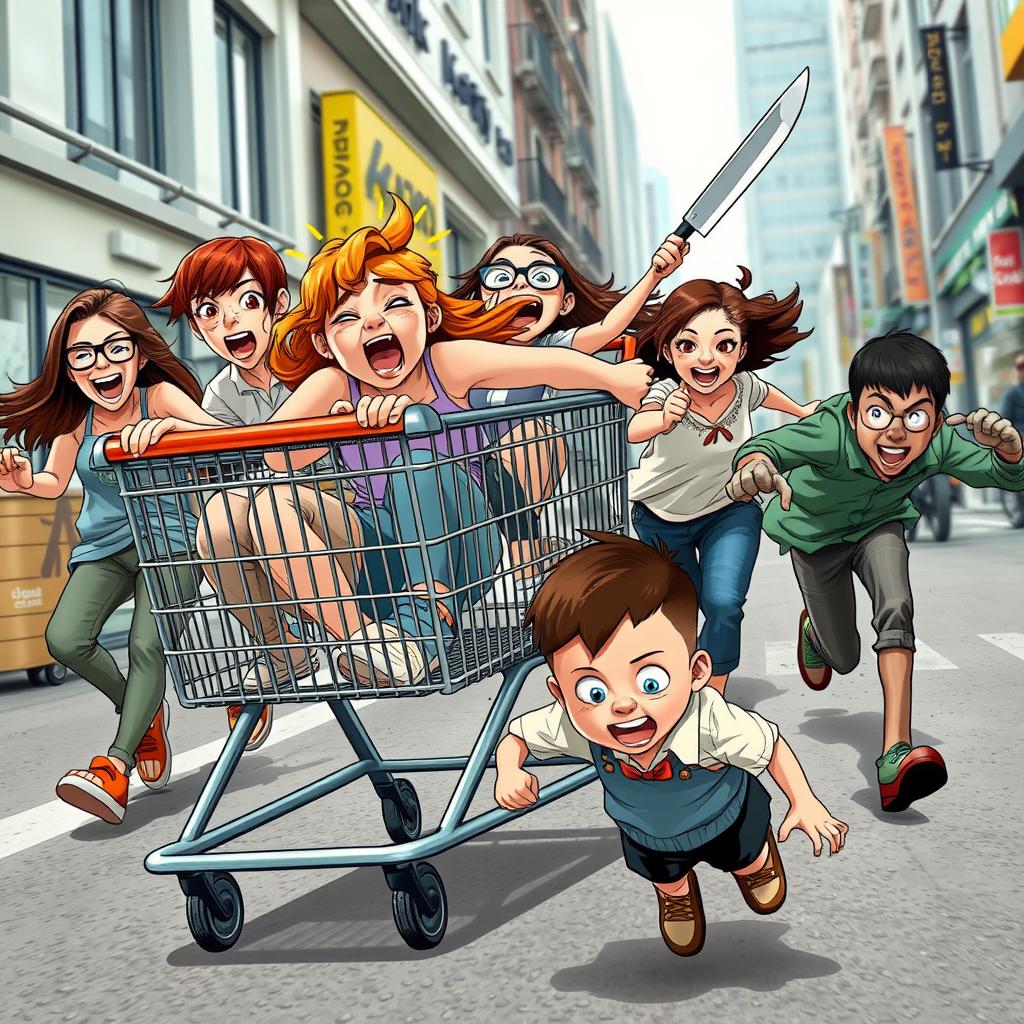 A chaotic and humorous urban scene depicting a ginger girl with vibrant red hair and brown eyes joyfully sitting in a large shopping cart, her expression full of thrill as she screams