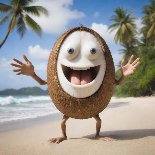 A fantastical image of a coconut gradually gaining human body parts. Hands reaching for a surfboard, legs ready to run on the beach, and expressive eyes peering out of the shell set against a tropical background.