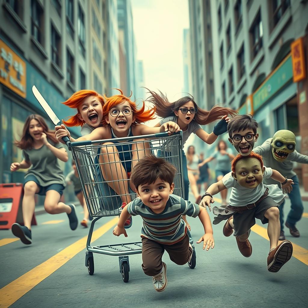 A chaotic and humorous urban scene depicting a ginger girl with vibrant red hair and brown eyes joyfully sitting in a large shopping cart, her expression full of thrill as she screams