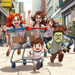 A chaotic and humorous urban scene depicting a ginger girl with vibrant red hair and brown eyes joyfully sitting in a large shopping cart, her expression full of thrill as she screams