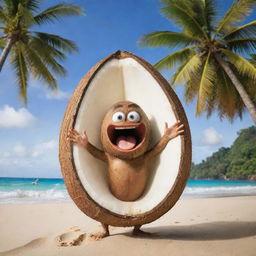 A fantastical image of a coconut gradually gaining human body parts. Hands reaching for a surfboard, legs ready to run on the beach, and expressive eyes peering out of the shell set against a tropical background.