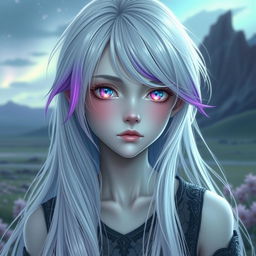 A stunning adolescent character with long, flowing white hair that has purple tips