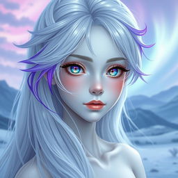 A stunning adolescent character with long, flowing white hair that has purple tips