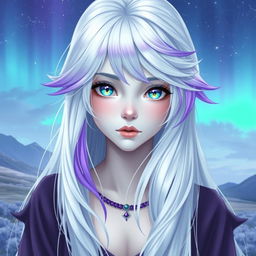 A stunning adolescent character with long, flowing white hair that has purple tips