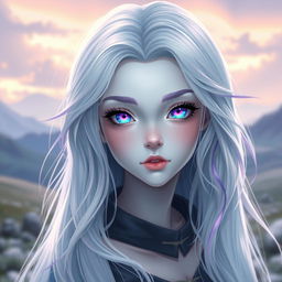 A stunning adolescent character with long, flowing white hair that has purple tips