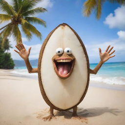 A fantastical image of a coconut gradually gaining human body parts. Hands reaching for a surfboard, legs ready to run on the beach, and expressive eyes peering out of the shell set against a tropical background.