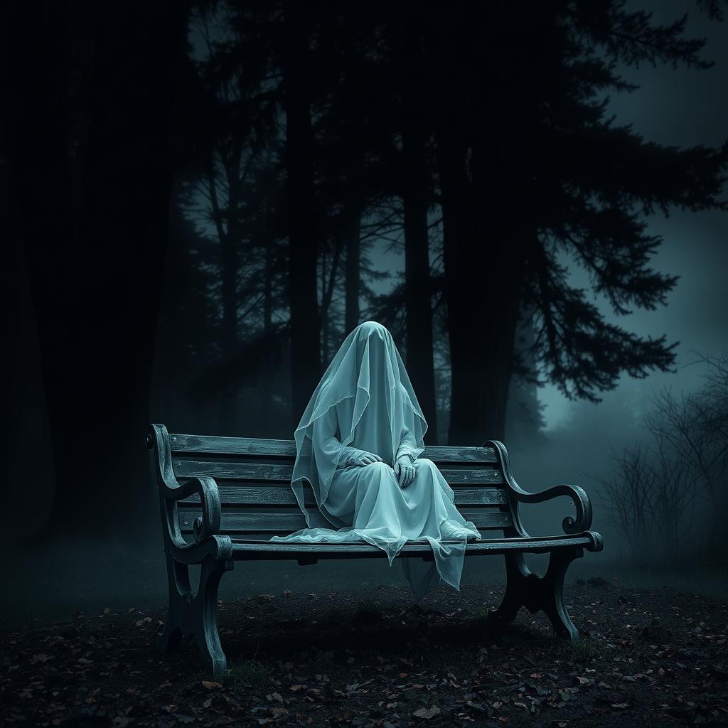 A dark and moody cover image featuring a ghostly figure sitting on an old wooden bench, surrounded by tall, shadowy trees in the background