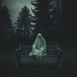 A dark and moody cover image featuring a ghostly figure sitting on an old wooden bench, surrounded by tall, shadowy trees in the background