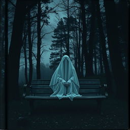 A dark and moody cover image featuring a ghostly figure sitting on an old wooden bench, surrounded by tall, shadowy trees in the background