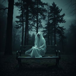 A dark and moody cover image featuring a ghostly figure sitting on an old wooden bench, surrounded by tall, shadowy trees in the background