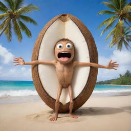 A fantastical image of a coconut gradually gaining human body parts. Hands reaching for a surfboard, legs ready to run on the beach, and expressive eyes peering out of the shell set against a tropical background.