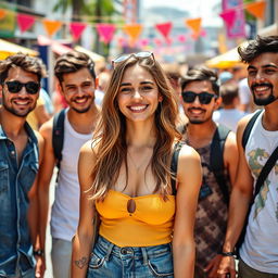 An attractive young woman standing confidently with a playful smile, surrounded by a group of admiring young men who are captivated by her beauty