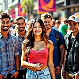 An attractive young woman standing confidently with a playful smile, surrounded by a group of admiring young men who are captivated by her beauty