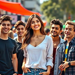 An attractive young woman standing confidently with a playful smile, surrounded by a group of admiring young men who are captivated by her beauty