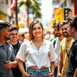 An attractive young woman standing confidently with a playful smile, surrounded by a group of admiring young men who are captivated by her beauty