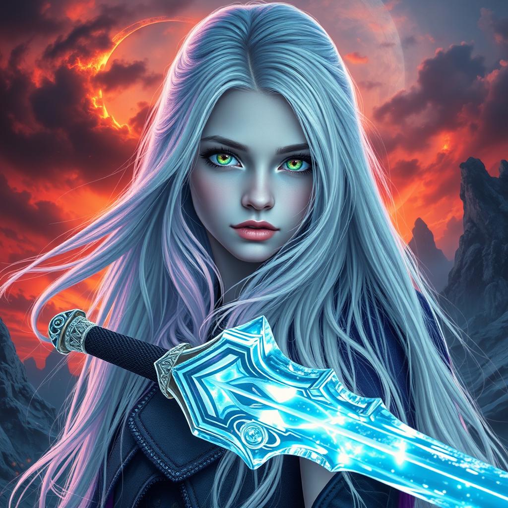 A striking image featuring a teenage girl with long, flowing white hair that has purple tips