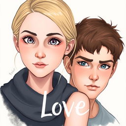 A beautifully illustrated book cover titled "Love" inspired by the Divergent series by Veronica Roth, featuring realistic portrayals of Tris and Four