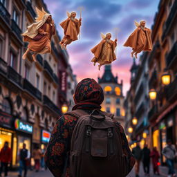 A Black wandering vendor in Madrid with a backpack, lost in dreams of the Eastern Magi kings