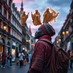 A Black wandering vendor in Madrid with a backpack, lost in dreams of the Eastern Magi kings