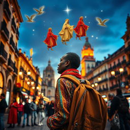 A Black wandering vendor in Madrid with a backpack, lost in dreams of the Eastern Magi kings