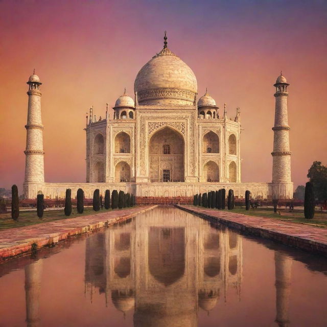 Taj Mahal draped in the breathtaking colors of a picturesque sunset