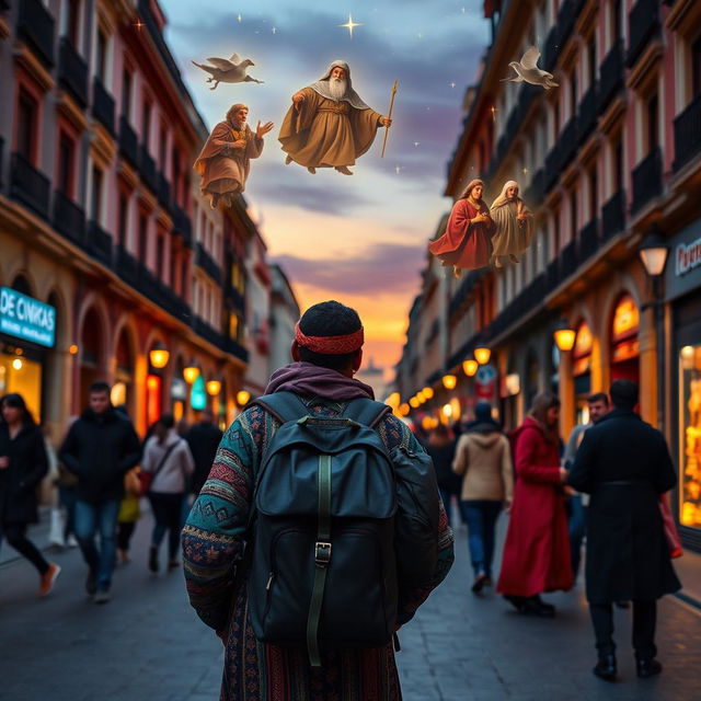 A Black wandering vendor in Madrid with a backpack, lost in dreams of the Eastern Magi kings